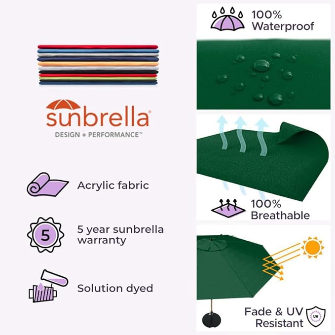 Midtown Umbrellas The LED Swilt 10 Feet Patio Umbrella With Sunbrella Forest Green Acrylic Fabric - Auto-Tilt Aluminum Frame With LED Lights For Backyard, Deck, Garden, Pool - Black Pole