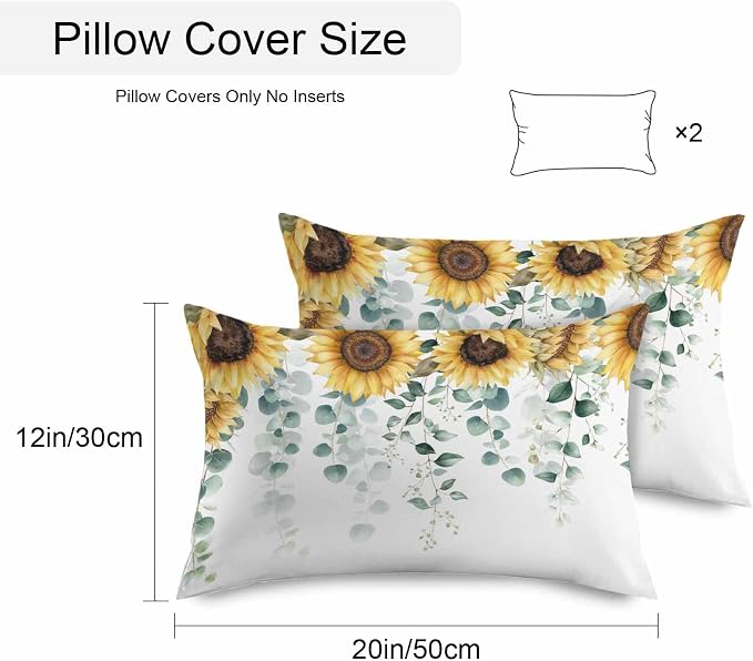 Vandarllin Outdoor Throw Pillows Covers 20x12 inch Set of 2 Waterproof Green Eucalyptus Leaves Decorative Zippered Cushion Covers for Patio Furniture, Watercolor Sunflower Lumbar Pillowcases