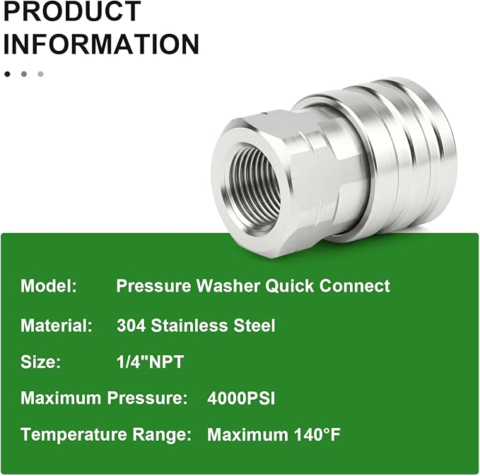 TAISHER 8PCS 304 Stainless Steel 1/4" Female NPT High Pressure Washer Quick Connect Coupler for Pressure Washing Gun Hose Accessories