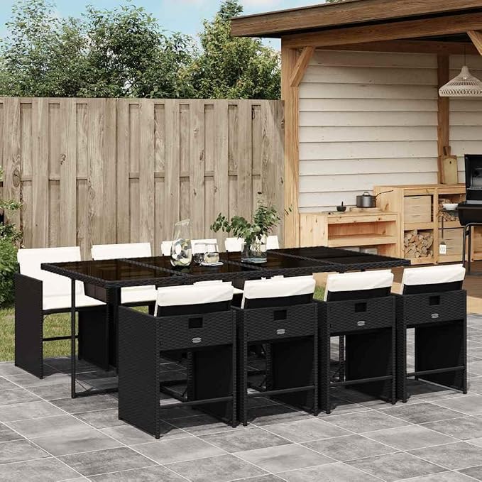 9 Piece Patio Dining Set with Cushions Black Poly Rattan Outdoor Furniture Table and 8 Chairs for Garden Backyard, UV-Proof Tempered Glass Tabletop, Foldable Removable Washable Seat Pads