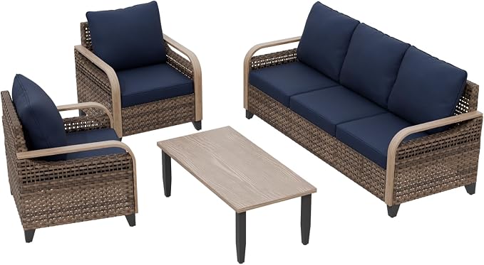 EAGLE PEAK Modern Wicker Outdoor Patio Furniture Set, Patio Conversation Set, 2 Chairs, 3-Seat Loveseat and Coffee Table, 4 Pieces, Brown/Blue
