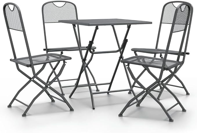 Foldable Patio Dining Set with Expanded Metal Mesh, Anthracite Outdoor Dining Set for 4, E-Coating Finish
