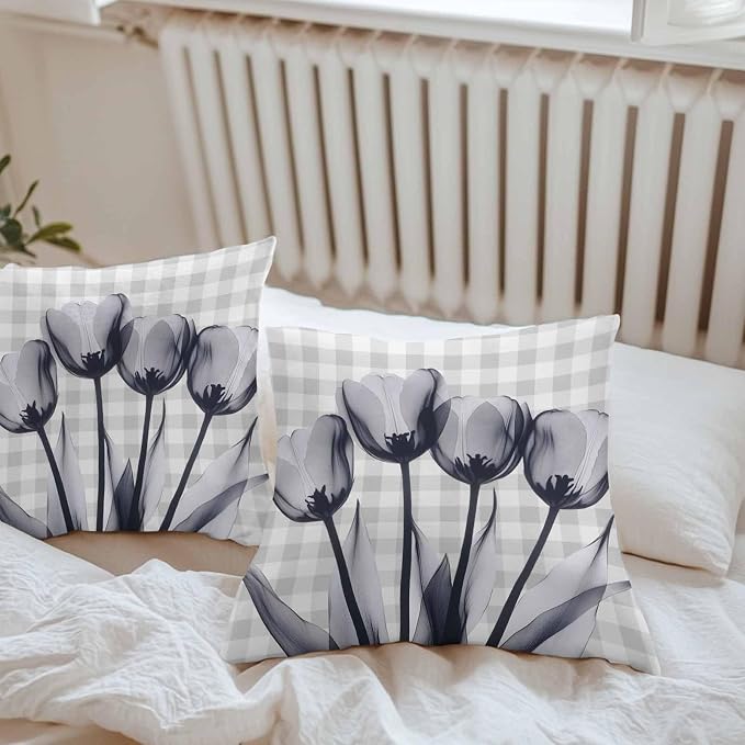 Grey Tulip Waterproof Outdoor Pillow Covers Set of 2 Home Decor, Farmhouse Elegant Flowers Checkered Pillowcase Patio Pillow Covers for Couch Bench Furniture Garden 18x18in