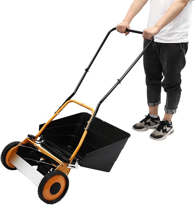 Reel Lawn Mower, 16-Inch Push Lawn Mower w/Grass Collecting Box, Manual Lawn Mower Adjustable Cutting Height Lawnmower, Walk-Behind Lawn Mowers