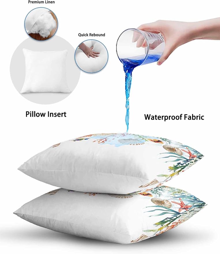 Outdoor Waterproof Throw Pillows Summer Colorful Coral Shell Conch Patio Pillows,Decorative Pillow Covers with Insert,Pillow Cushion Case for Garden Couch Sofa Sea Starfish Fish Marine Life