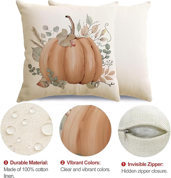 Fall Outdoor Pillow Covers Waterproof 20x20 Set of 4,Pumpkin Thanksgiving | Eucalyptus Autumn Fall Decorations for Home Porch,No Insert,Durable Polyester,Fit 20x20 inch Inserts or Smaller