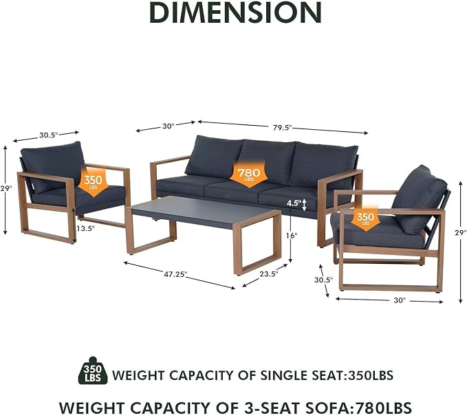 Grand patio Outdoor 4-Piece Modern Aluminum Patio Furniture Sets 5 Person Conversation Set, Faux Wood Grain Finish Frame Sofa with Removable Olefin Extra Thick Cushions and Coffee Table for Garden