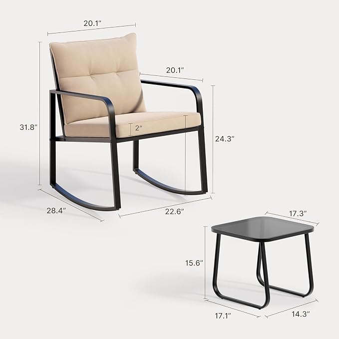 Gizoon 7-pc Outdoor Patio Furniture Set, Black Steel Patio Rocking Chairs Conversation Set with Loveseat, 6-Person Porch Bistro Set with Glass Coffee Table & Side Tables for Garden, Backyard, Beige
