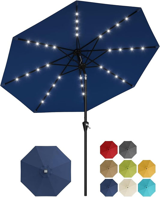 Garvee 10FT Solar Patio Umbrella with 32 LED Lights - Outdoor Table Umbrella with Crank Lift, Push Button Tilt and 8 Sturdy Ribs - Market Umbrella UV Protection for Pool, Deck, Yard, Garden -Navy Blue