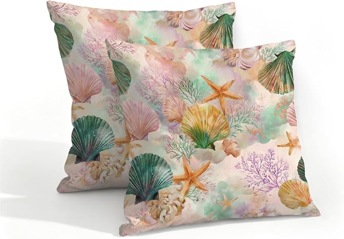 16x16 Inch Outdoor Pillow Covers Set of 2 Waterproof Throw Pillow Covers Decorative Couch Cushion Covers Watercolor Seashells Square Pillowcases Protectors for Patio Garden Sofa