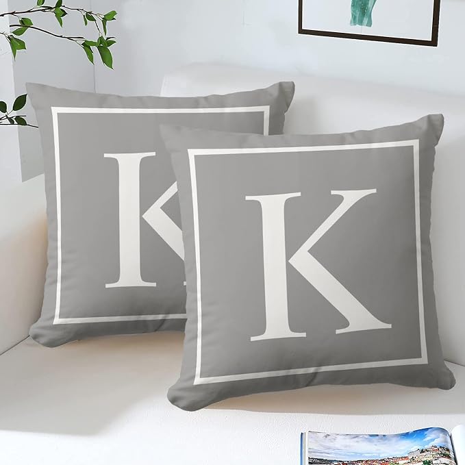 Monogram Initial Modern Gray Outdoor Pillow Covers 18 x 18inches Decorative Pillow Case for Sofa Couch Bed (Pillow Insert Not Include)