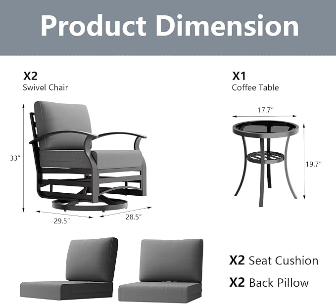 Outdoor Patio Furniture Set, 3 Piece Aluminum Metal Chairs Swivel Rocker, Overstuffed Washable Cushions Bistro Set for Porch, Balcony, Deck, Garden Grey