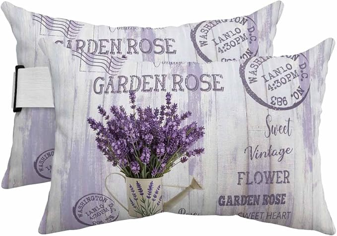 Pack of 4 Outdoor Lumbar Pillow Covers 12x20 Inch, Purple Lavender Waterproof Throw Pillow Covers Set, Vintage Farmhouse Rustic Floral Wooden Grain Outside Decorative Cushion Cases for Patio Porch Car