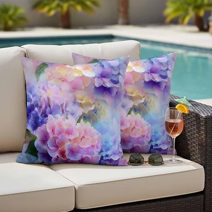 Pink Purple Floral Outdoor Pillow Cover 24x24 Inch Cushion Sham Case, Spring Hydrangea Flower Fantasy Botanical Waterproof Decorative Square Throw Pillowcase for Outside Garden Patio Porch Couch Chair