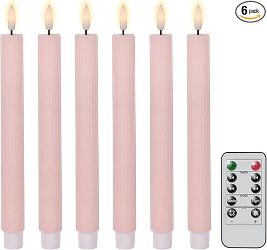 Spring Taper Candles Pastel Flameless Flickering with Remote Timer, Battery Operated Warm Light LED Candles Striped Real Wax Wedding Birthday Party Decor 6 Pack (0.78 X 9.45 Inchs)