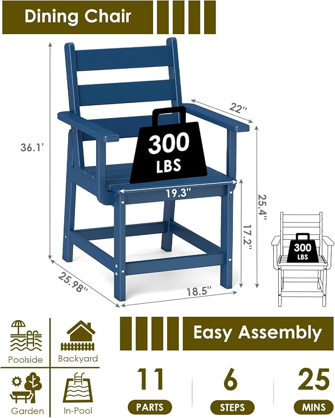GREENVINES Patio-Chair | Outdoor Dining Chairs Set of 2 | HDPE Plastic | Removable Armrests | All Weather | for Backyard Deck Poolside Garden | Blue