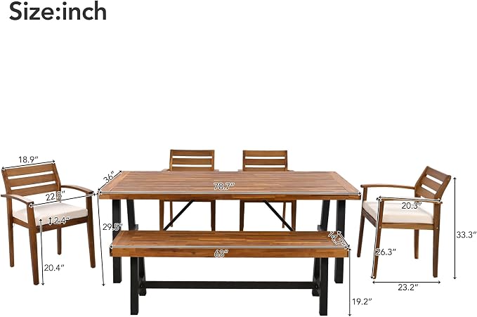 6-Pcs Outdoor Patio Dining Table & Chair & Bench Set for 6, Wooden Outdoor Dining Table Set with Removable Cushion, 6-Pcs, Wood
