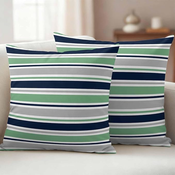 Outdoor Pillow Covers 26 x 26 Inches, Green Grey Striped Waterproof Throw Pillow Cover Set of 2, Farmhouse Stripes Modern Abstract Art Decorative Square Cushion Covers for Patio/Couch/Garden