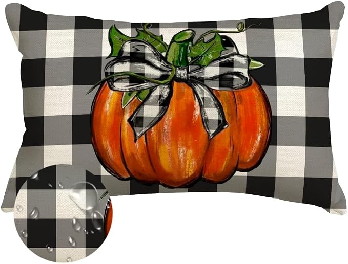 RABUSOFA Outdoor Fall Pillow Covers Waterproof 12x20 Orange Pumpkin Decor | Autumn Harvest Thanksgiving,Buffalo Plaid,Not Insert,Machine Washable,Fall Decorations for Home Sofa Patio Farmhouse