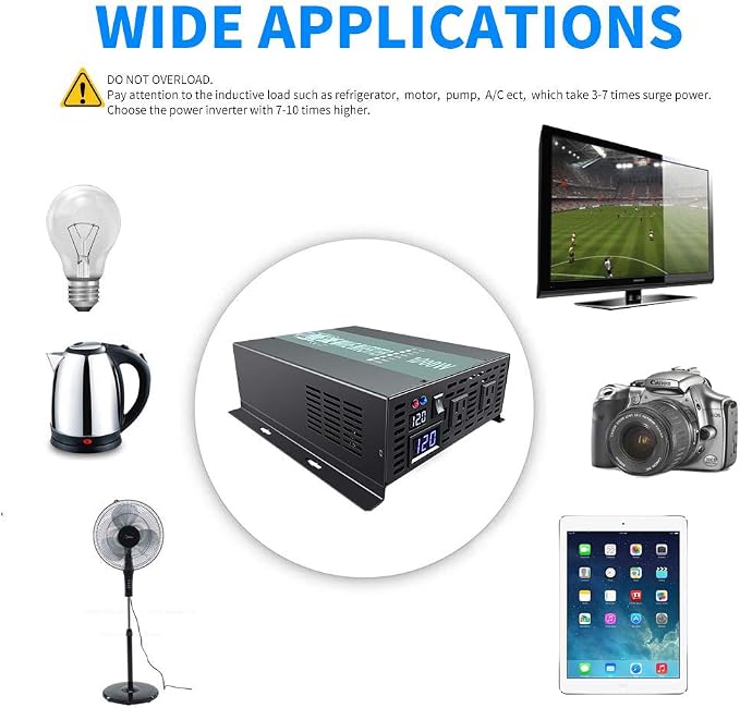 WZRELB Full Power 1000W Rated Power 2KW Surge Power 12V to 120V DC to AC Pure Sine Wave Inverter for Solar System and Off Grid Application Power Converter, (RBP100012B1)