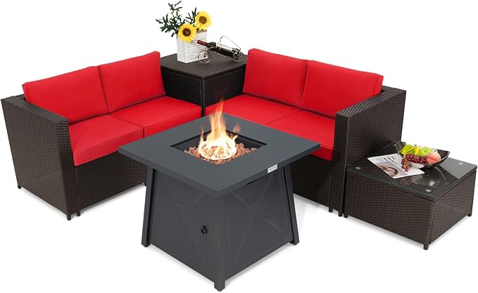 Tangkula 5 Piece Patio Furniture Set with 50,000 BTU Propane Fire Pit Table, Outdoor Wicker Conversation Set w/Cushions, Storage Box and Tempered Glass Coffee Table, 30" Gas Fire Pit Table (Red)