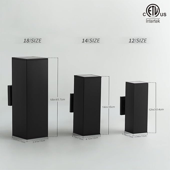 mirrea 14" Modern Outdoor Porch Light in 2 Lights, Matte Black, 2 Pack | Patio wall sconce, aluminum rectangular tube, tempered glass, waterproof. Up & down lighting for outdoor wall mount fixture.