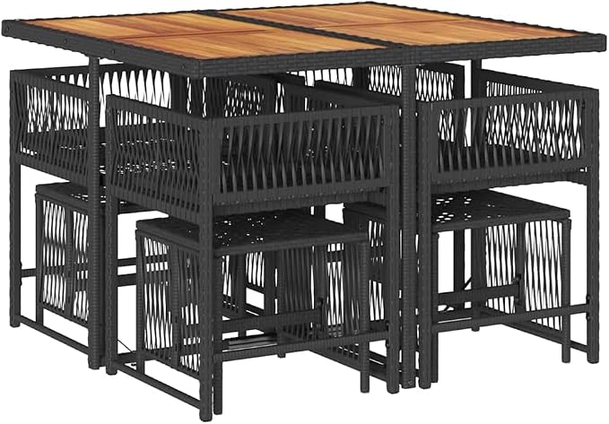 9-Piece Garden Dining Set with Cushions, Black Outdoor Patio Dining Set for 8, Foldable Acacia Wood and Steel Table with Chairs