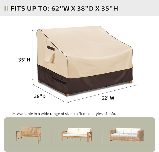 KylinLucky Waterproof Patio Loveseat Covers 62W x 38D x 35H inches,2-Seater Heavy Duty Outdoor Furniture Sofa Cover Khaki