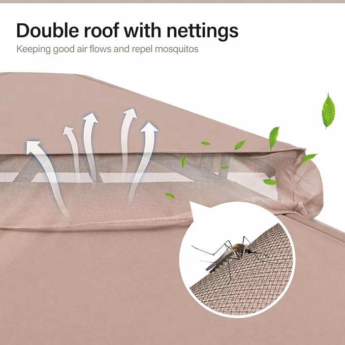 LAUSAINT HOME Patio Gazebo 10'x13', Outdoor Heavy Duty Party Tent Shelter with Double Roofs, Mosquito Nettings and Privacy Screens for Backyard, Garden, Lawn, Khaki