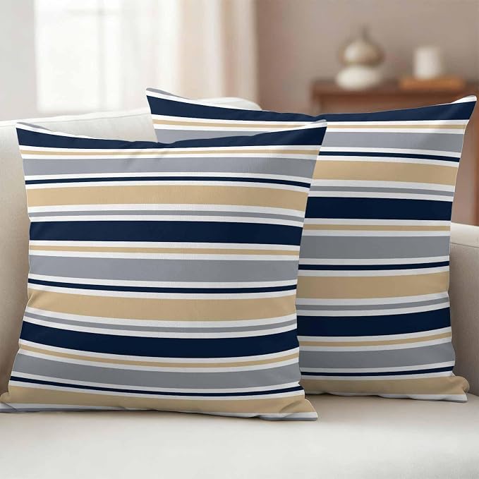 Khaki Grey Striped Outdoor Pillow Cover 26x26 Inch Cushion Sham Case, Navy Blue Farmhouse Stripes Abstract Art Waterproof Decorative Square Throw Pillowcase for Outside Garden Patio Porch Couch Chair