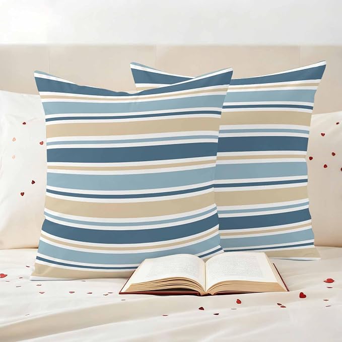 Khaki Blue Striped Outdoor Pillow Cover 16x16 Inch Cushion Sham Case, Farmhouse Stripes Modern Abstract Art Waterproof Decorative Square Throw Pillowcase for Outside Garden Patio Porch Couch Chair
