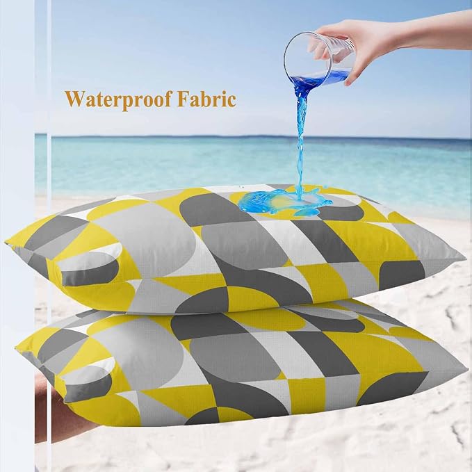 Mid Century Outdoor Waterproof Throw Pillow Covers Set of 2, 20"x12", Yellow Grey Abstract Retro Geometric Modern Decorative Pillow Covers Outside Cushion Case for Patio Porch Garden
