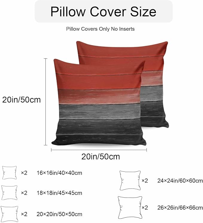 Red Gray Black Outdoor Pillow Covers 20x20 Inch Throw Pillow Covers Set of 2 Waterproof Decorative Pillow Cases Vintage Country Gradient Wooden Grain Cushion Covers for Patio Furniture Garden Couch