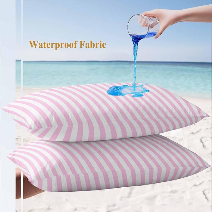 Lumbar Pillow Covers 20x12 Inch Set of 2, Pink White Stripe Waterproof Outdoor Cushion Covers, Modern Minimalist Geometric Striped Decorative Pillowcases for Couch, Sofa, Bed, Garden, Patio