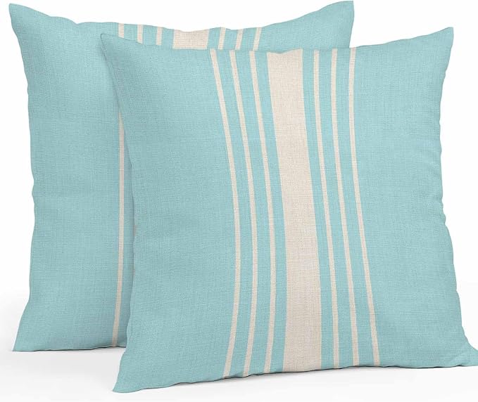 Vandarllin Outdoor Throw Pillows Covers 20x20 inch Set of 2 Waterproof Sky Blue Vertical Stripes Decorative Zippered Cushion Covers for Patio Furniture, Classic Striped Linen Lumbar Pillowcases