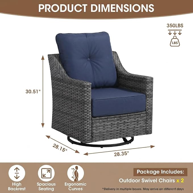 3-Piece Outdoor Patio Furniture Set, Grey Wicker Conversation Set with 2 Swivel Chairs and Side Table, 6-Inch Blue Olefin Cushions for Porch, Deck, Balcony