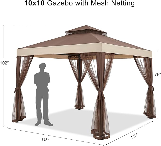 10x10 Gazebo with Netting, Canopy Tent Sun Shade Shelter for Outdoor Patio Backyard (Brown)