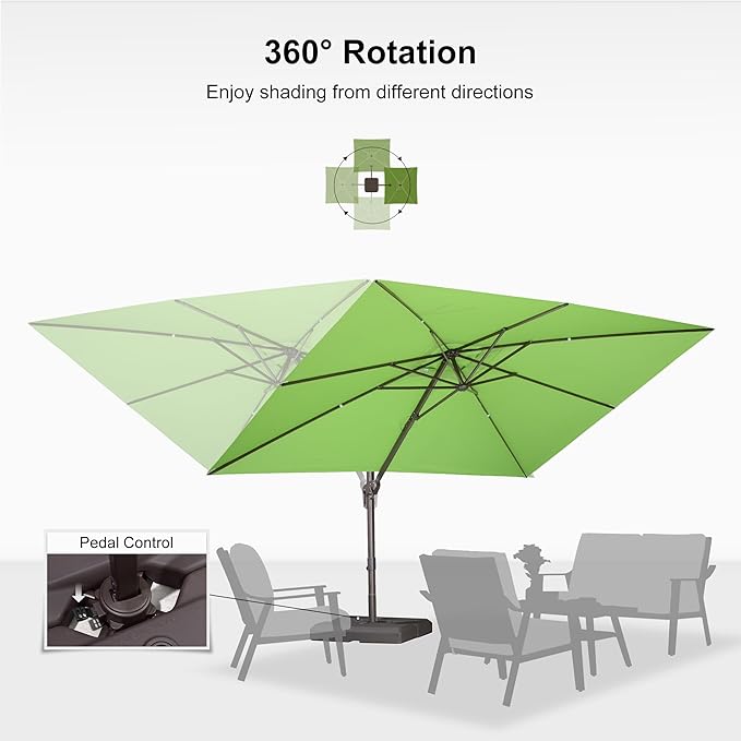 PURPLE LEAF 9' X 11.5' Rectangle Cantilever Umbrella Patio Umbrella Antique Bronze Outdoor Aluminum Offset Hanging Umbrella with 360-degree Rotation for Pool Garden Backyard Deck, Green