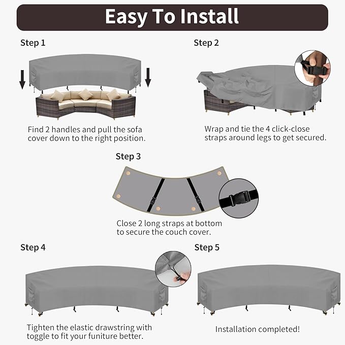 PureFit Outdoor Sectional Sofa Cover Waterproof Curved Patio Furniture Covers for Deck, Lawn and Backyard, 150Lx36Dx38Hx112FL, Grey
