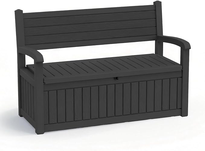 EasyUp 100 Gallon Wood Grain Style Outdoor Storage Bench, Waterproof and Lockable Deck Box Outdoor Storage Furniture for Patio,Garden,and Porch – Perfect for Storing Garden Tools and Cushions(Black)
