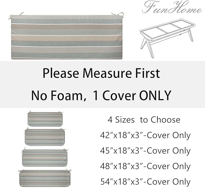FUNHOME Outdoor Bench Cushion Cover 48 x18 x 3 inch,Water Resistant Cover with Zipper&Ties,Fade-Resistant Slipcover,Patio Porch Swing Cushion Cover Replacement Only,No Insert(Gray Stripe)