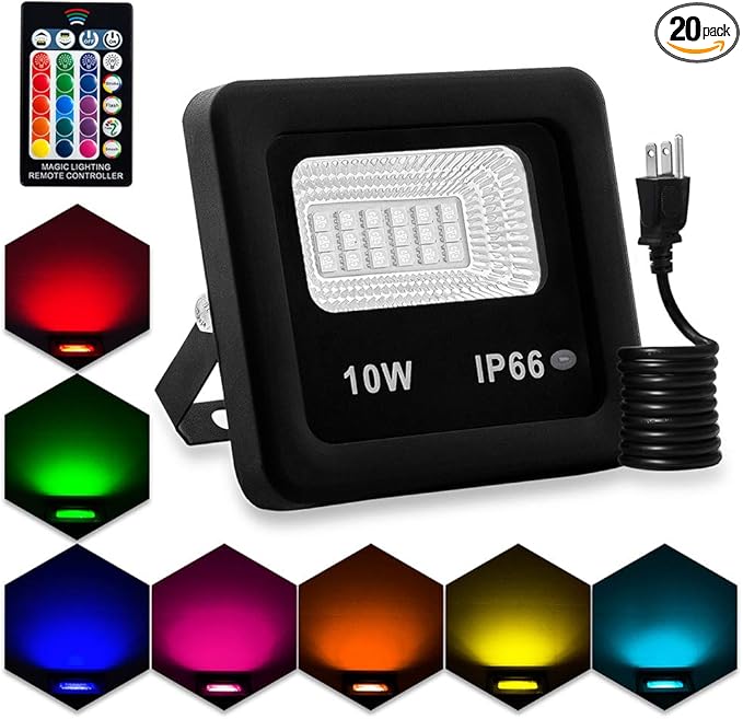 LED Flood Lights, RGB Floodlight with Remote Control,IP66 Waterproof Dimmable Color Changing Spotlight,16 Colors 4 Modes Stage Lights for Outdoor Decorative Garden Stage Landscape Lighting