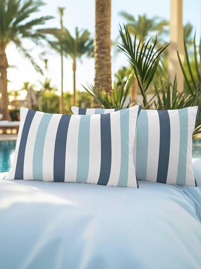 Outdoor Pillows Waterproof, Blue Aqua Striped Bedding Throw Pillows with Insert for Couch Sofa Bed, Farmhouse Stripe Art 12x20 Inch Pillowcases Decorative Camping Patio Pillow Set of 2