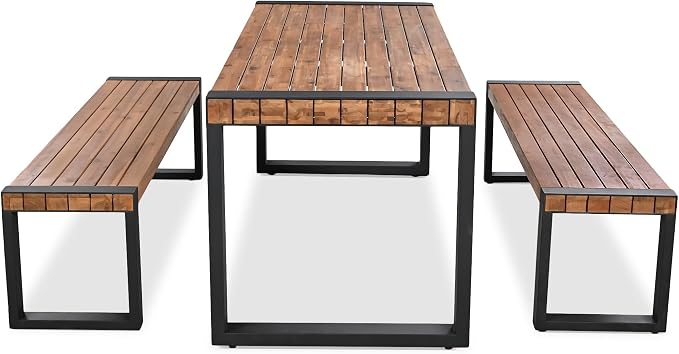 3 PC Outdoor Dining Set with 2 Benches Acacia Wood Tabletop & Steel Frame | All-Weather Patio Furniture for Backyard, Garden, or Indoor Use, Natural
