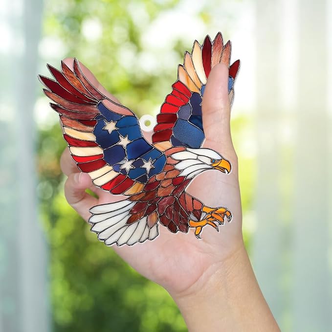 Bald Eagle Patriotic Ornament – Stained Glass American Flag Suncatcher, Acrylic Hanging Decor, USA Pride Home Office Gift, Veterans Independence Day & 4th of July Christmas Tree Ornament (Sun-11)