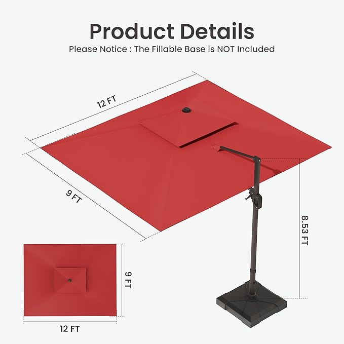 9x12 FT Cantilever Patio Umbrella with Led Lights Double Top Outdoor Rectangular Large Heavy Duty Aluminum Offset Umbrellas with 7 Level Tilt 360-degree Rotation for Pool Garden Deck, Wine Red