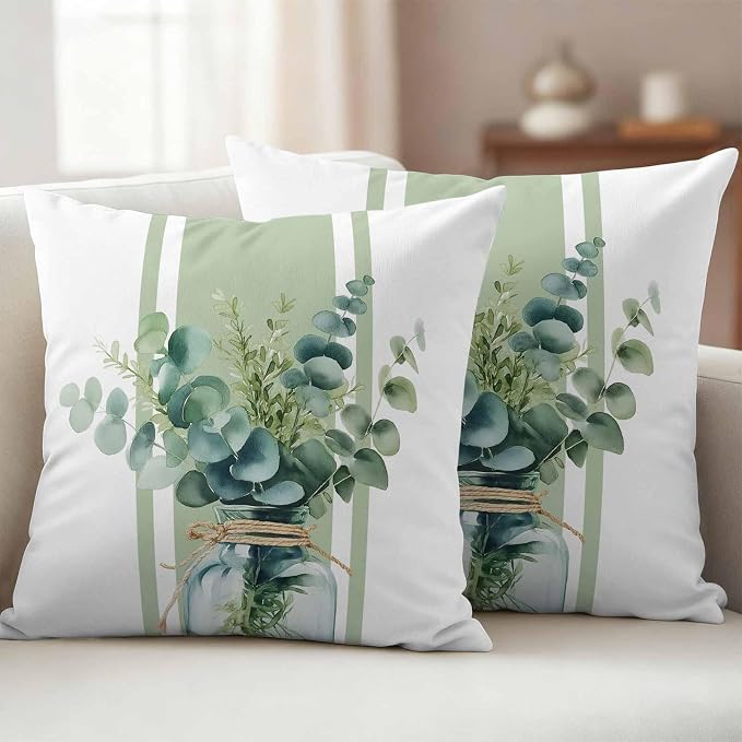 Sage Green Eucalyptus Leaves Outdoor Pillow Covers 16x16 Inch Throw Pillow Covers Set of 2 Waterproof Decorative Pillow Cases Farmhouse Stripe Botanical Cushion Covers for Patio Furniture Garden Couch