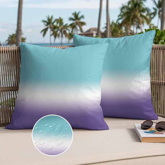 Gradient Blue Outdoor Waterproof Throw Pillow Covers Set of 2, 18"x18", Teal to Purple Decorative Pillow Covers Outside Cushion Case for Patio Porch Garden