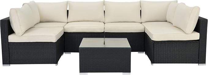 7-Piece Patio Furniture Set - Outdoor Sectional Sofa Set with 4'' Cushions and Glass-Top Coffee Table for Gardens, Poolside, Backyards and Porches, Black/Beige