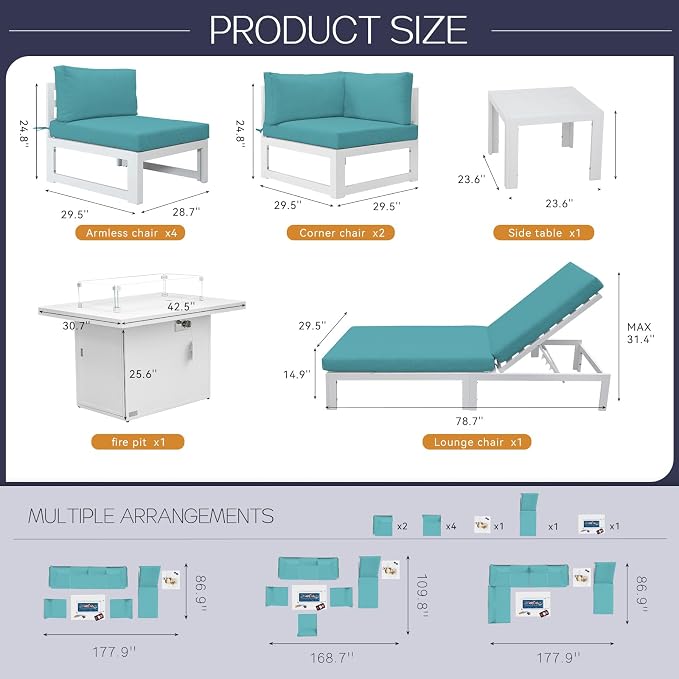 BULEXYARD 7 Seater Large Modern Aluminum Outdoor Sofa with Lay Out Chair & Fire Pit Table, 500 lbs Durable Sectional Set for Heavy People, All Weather Comfy Patio Furniture Set for Garden, Turquoise